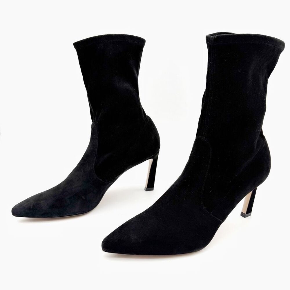 STUART WEITZMAN Stuart 75 Stretch Boots Size 9 Pointed Toe Slanted Heel Black Su